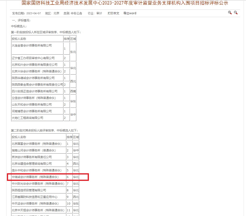 喜报|中瑞诚成功入围国防科工局经济技术发展中心2023-2027年度审计监督业务支撑机构