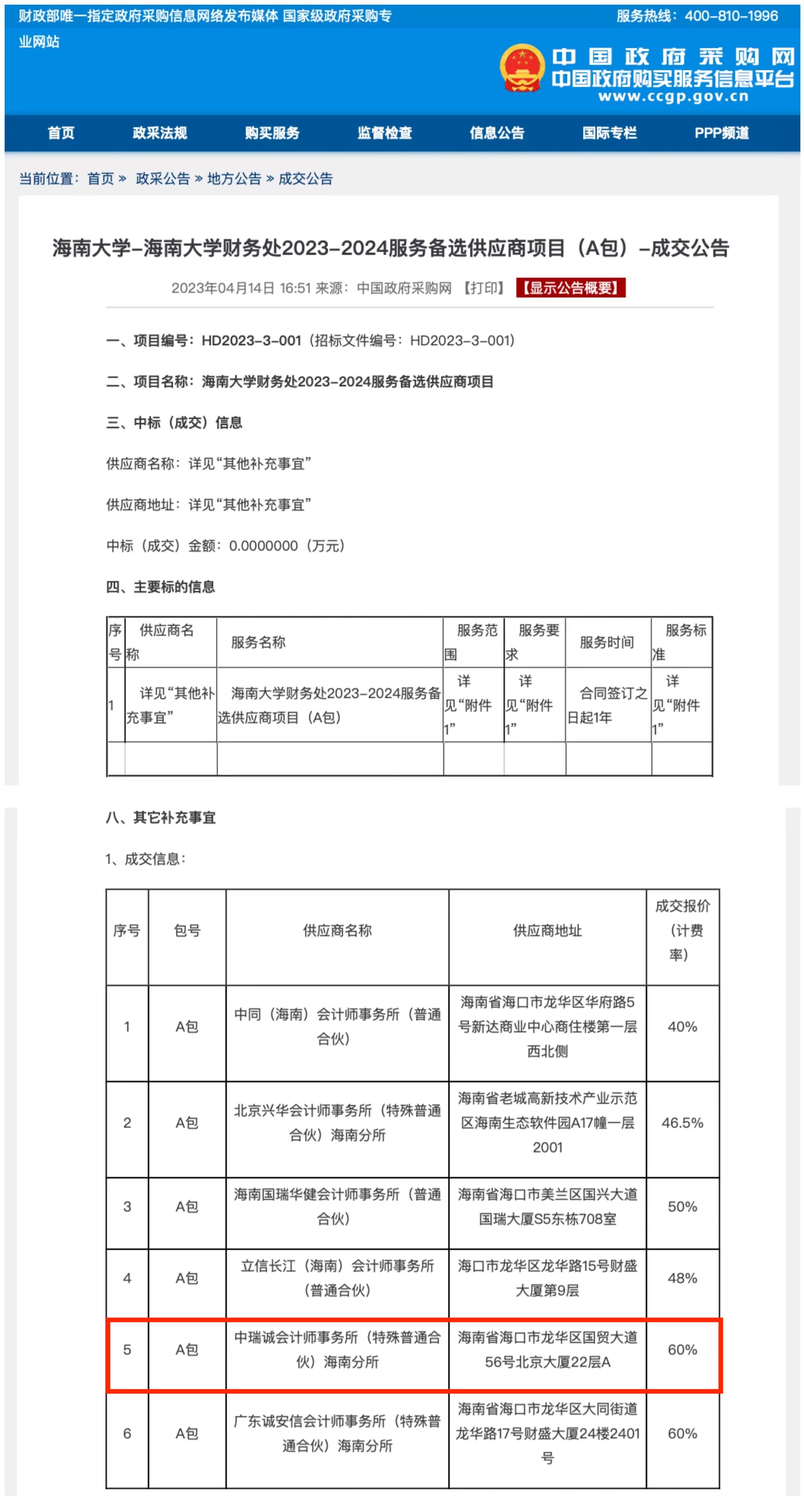 喜报|中瑞诚海南分所成功中标海南大学财务处2023-2024服务备选供应商项目
